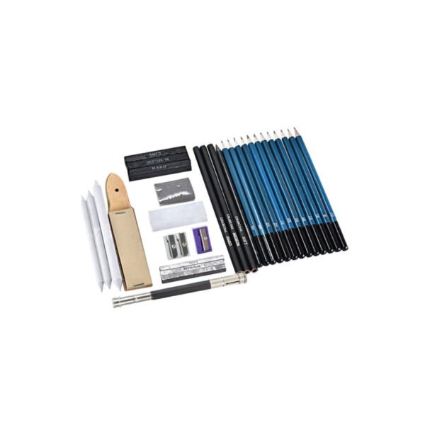 32 piece drawing set with h, b and hb pencils, graphites, leads, charcoal pencils, graphite pencils, erasers, sandpaper block, pens, for architecture students and professional architects